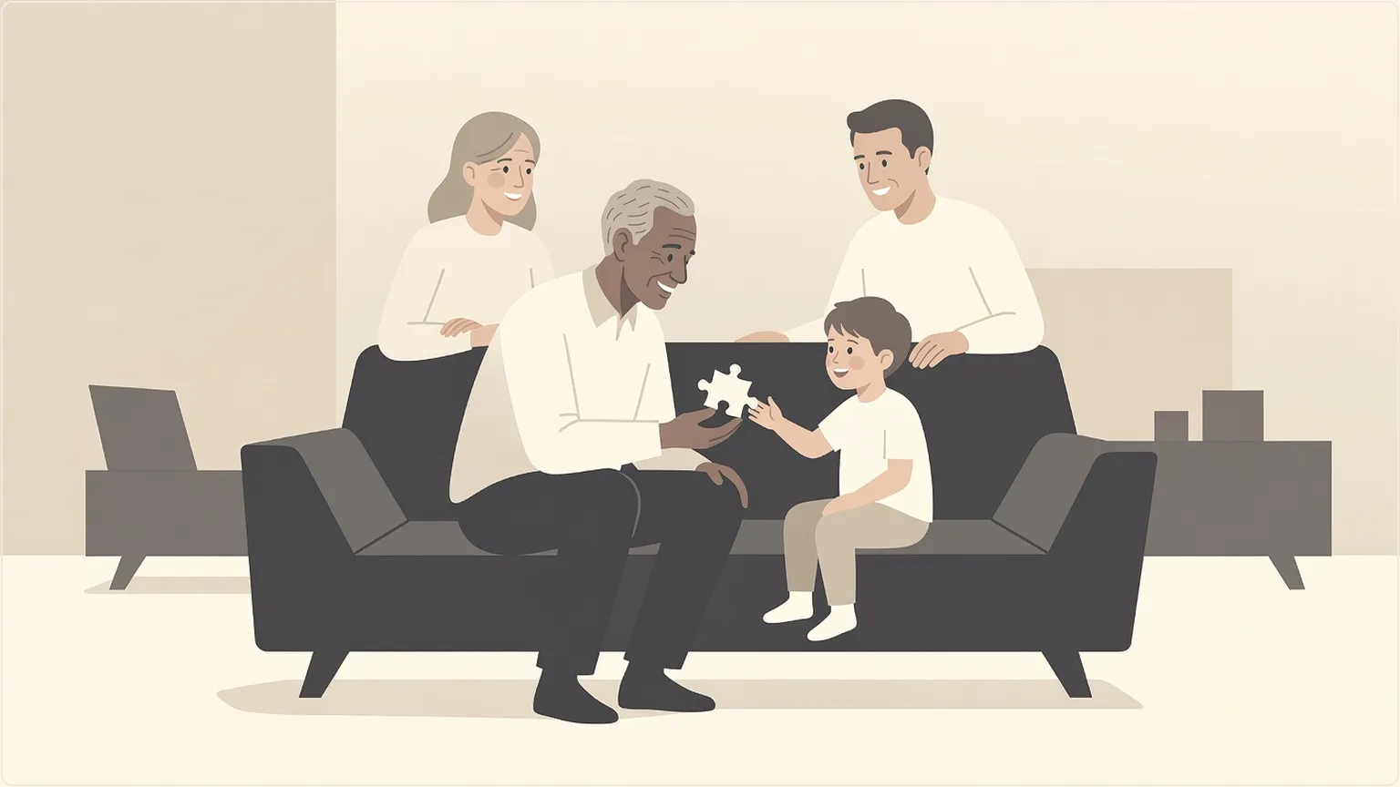 Flergenerationell familj som knyter band över ett pussel, med känsla av samhörighet och omsorg