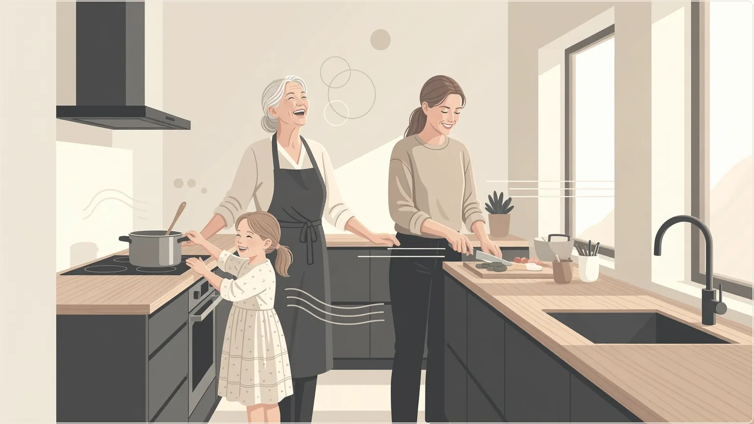 Flergenerationell familj som glädjefyllt lagar mat tillsammans med äldre mormor