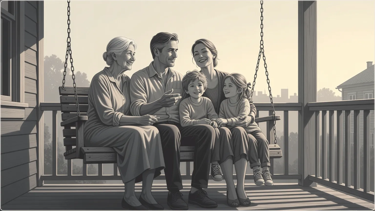 Multigenerationell familj delar ett glädjefyllt ögonblick på verandagungstolen