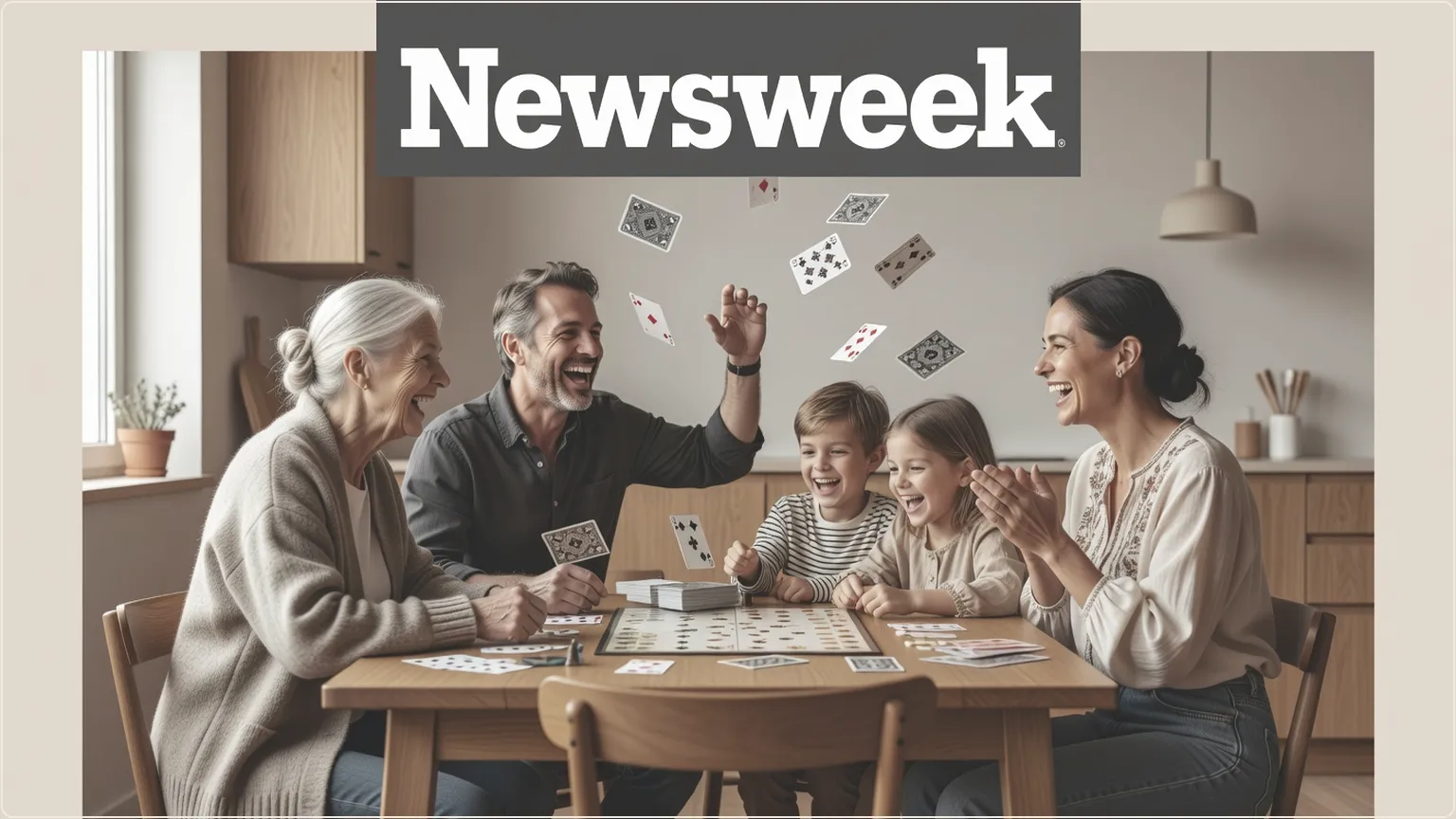 Flergenerationell familj som glädjefyllt spelar ett brädspel tillsammans hemma