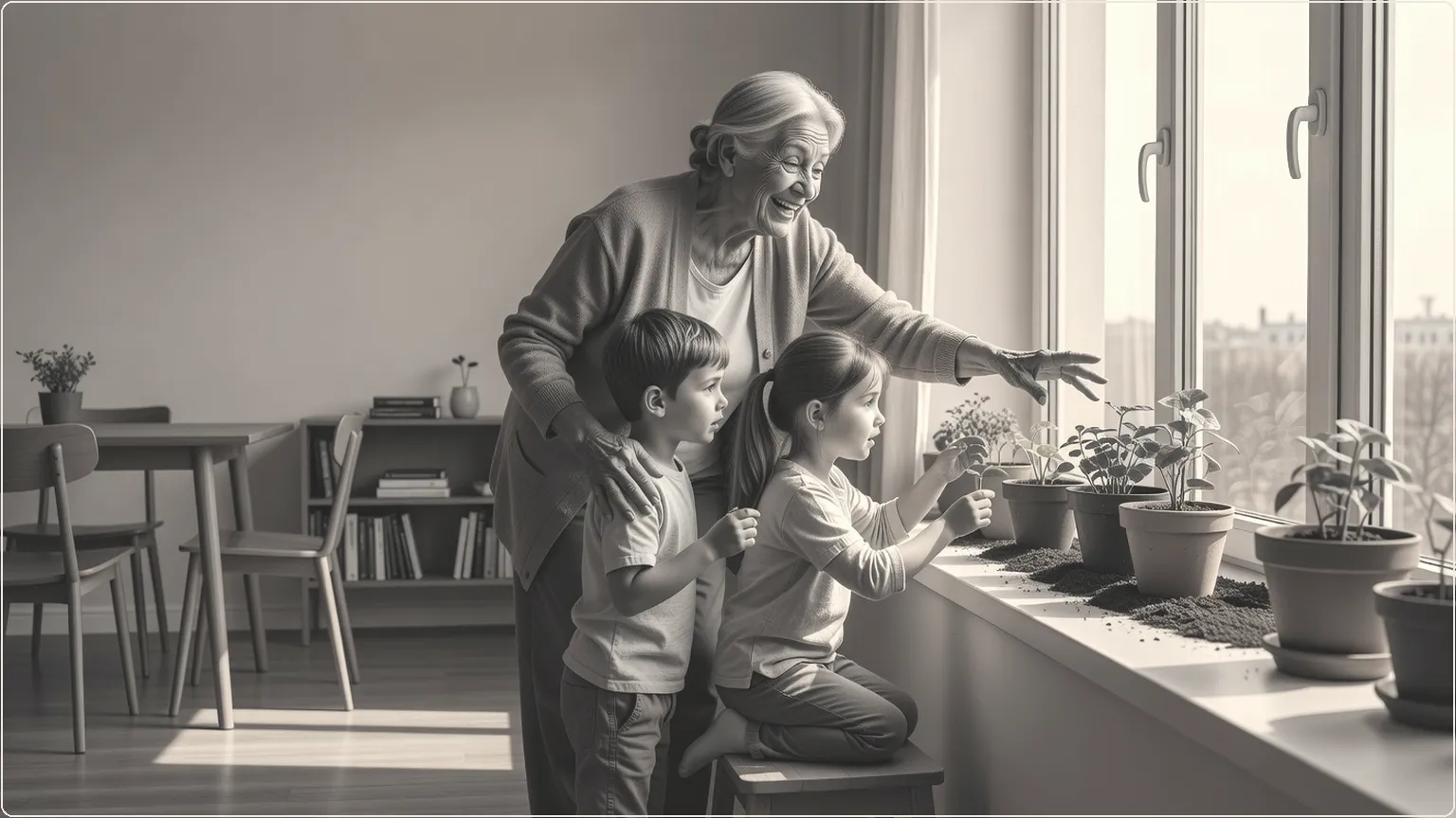 Flergenerationell familj som umgås över trädgårdsarbete i ett mysigt solupplyst rum