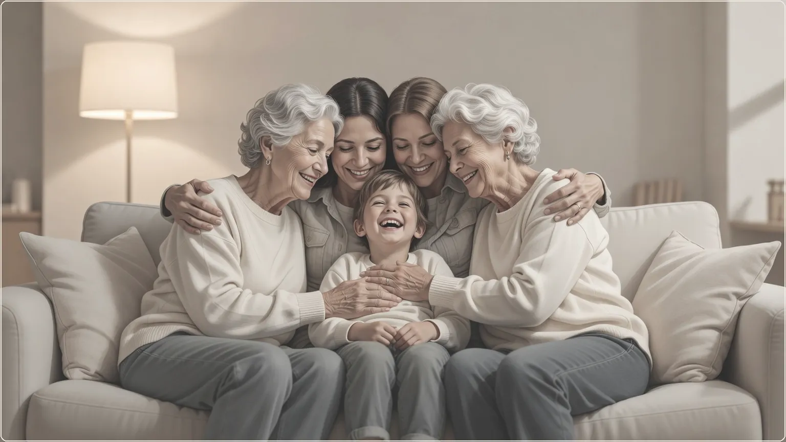 Flergenerationsfamilj som kramar varmt på soffan