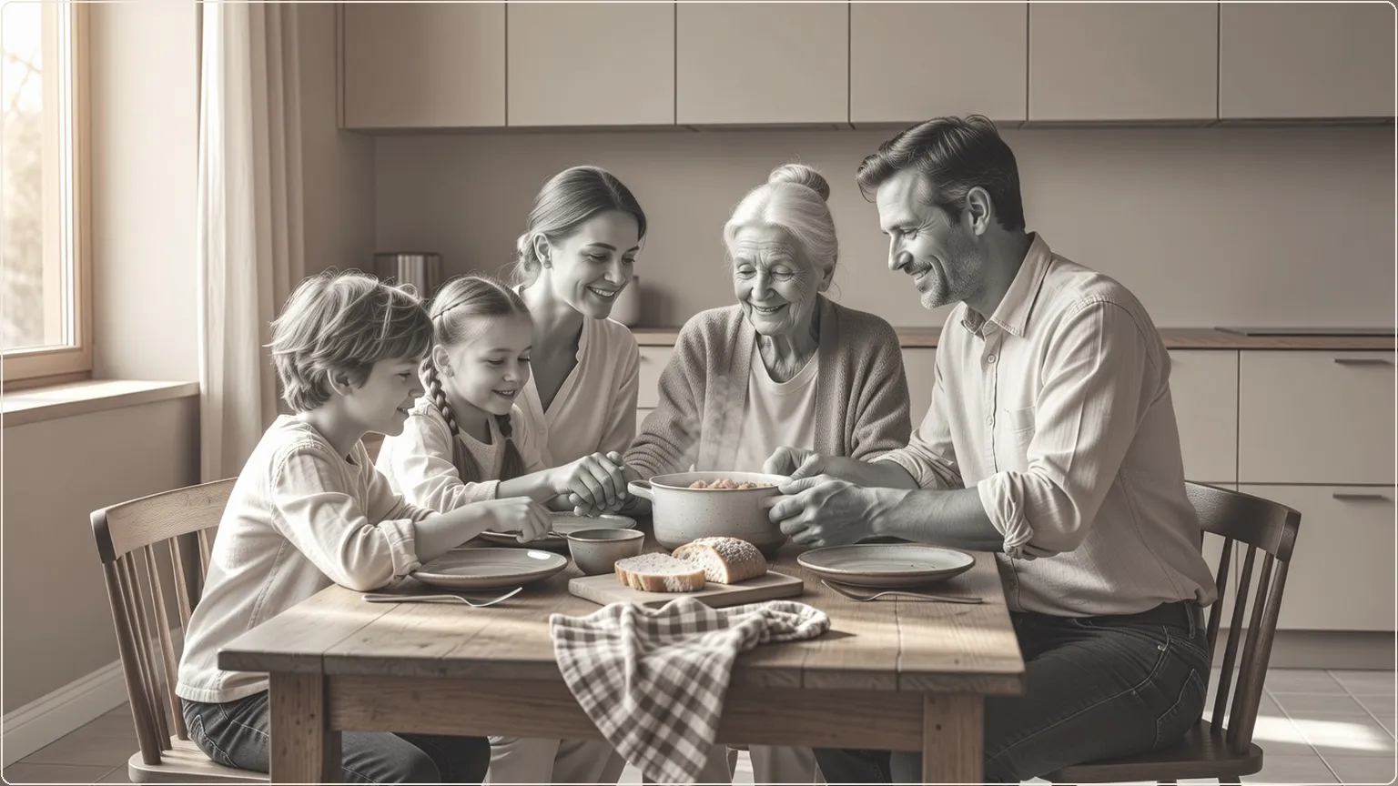 Flergenerationsfamilj som umgås över en gemensam måltid i ett mysigt kök