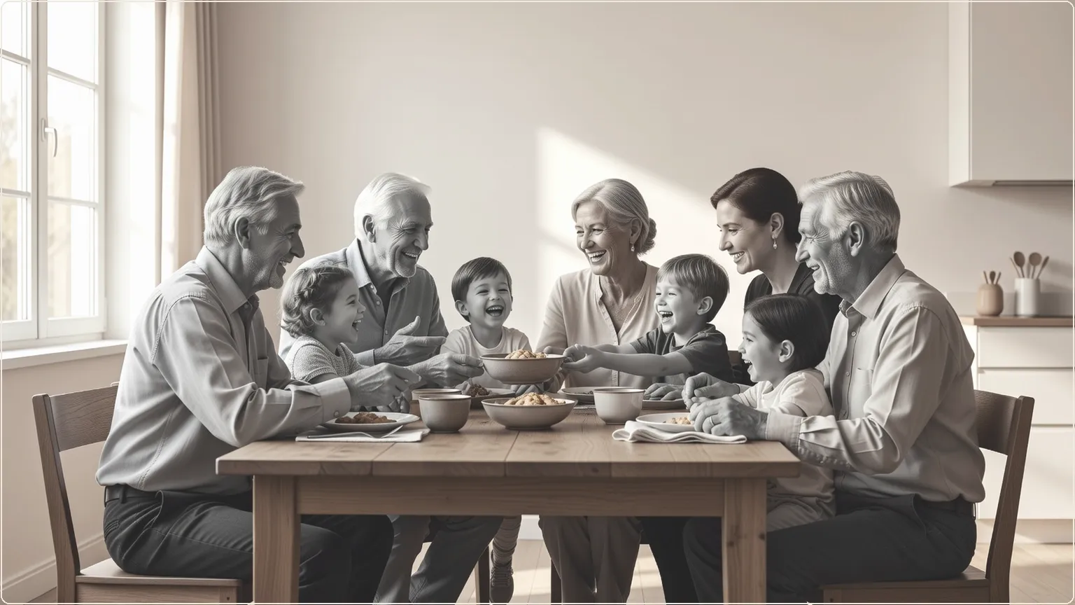 Flergenerationsfamilj som skrattar tillsammans vid middagsbordet hemma