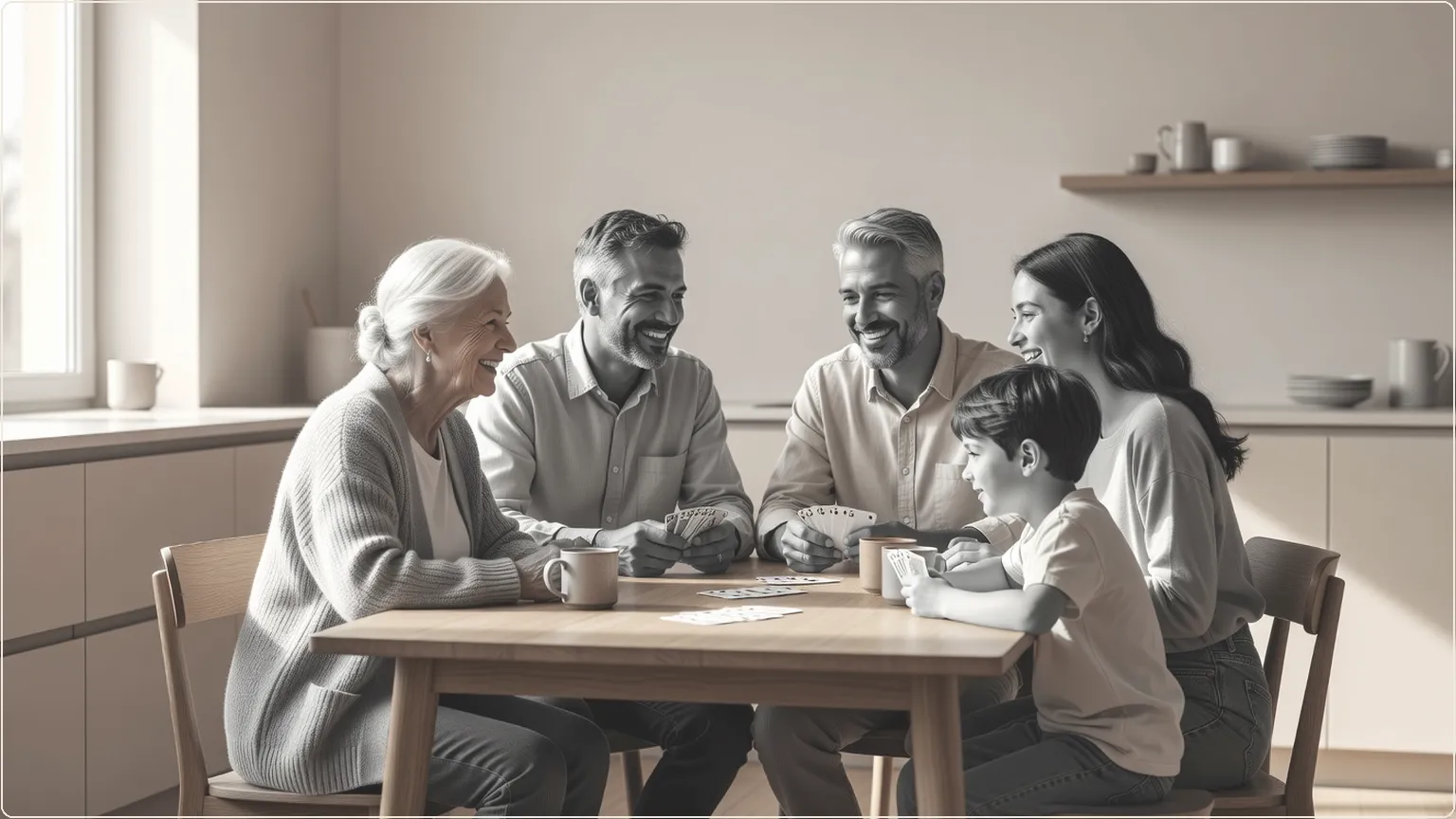Flergenerationsfamilj som skrattar och spelar kortspel vid köksbordet