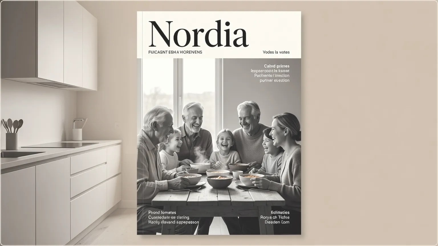 Monen sukupolven perhe nauraa yhdessä kodikkaassa auringonvaloisessa keittiössä