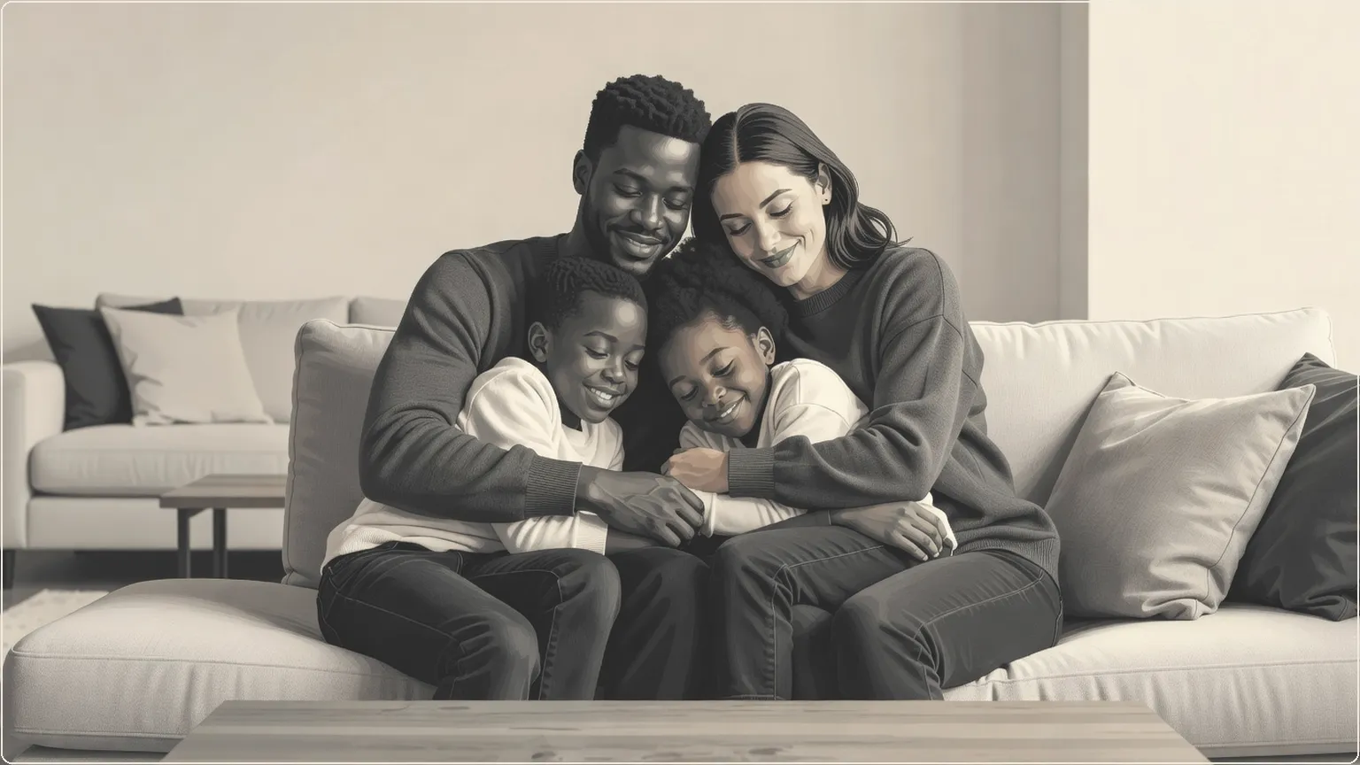 Perhe halaa lämpimästi kodikkaassa olohuoneessa