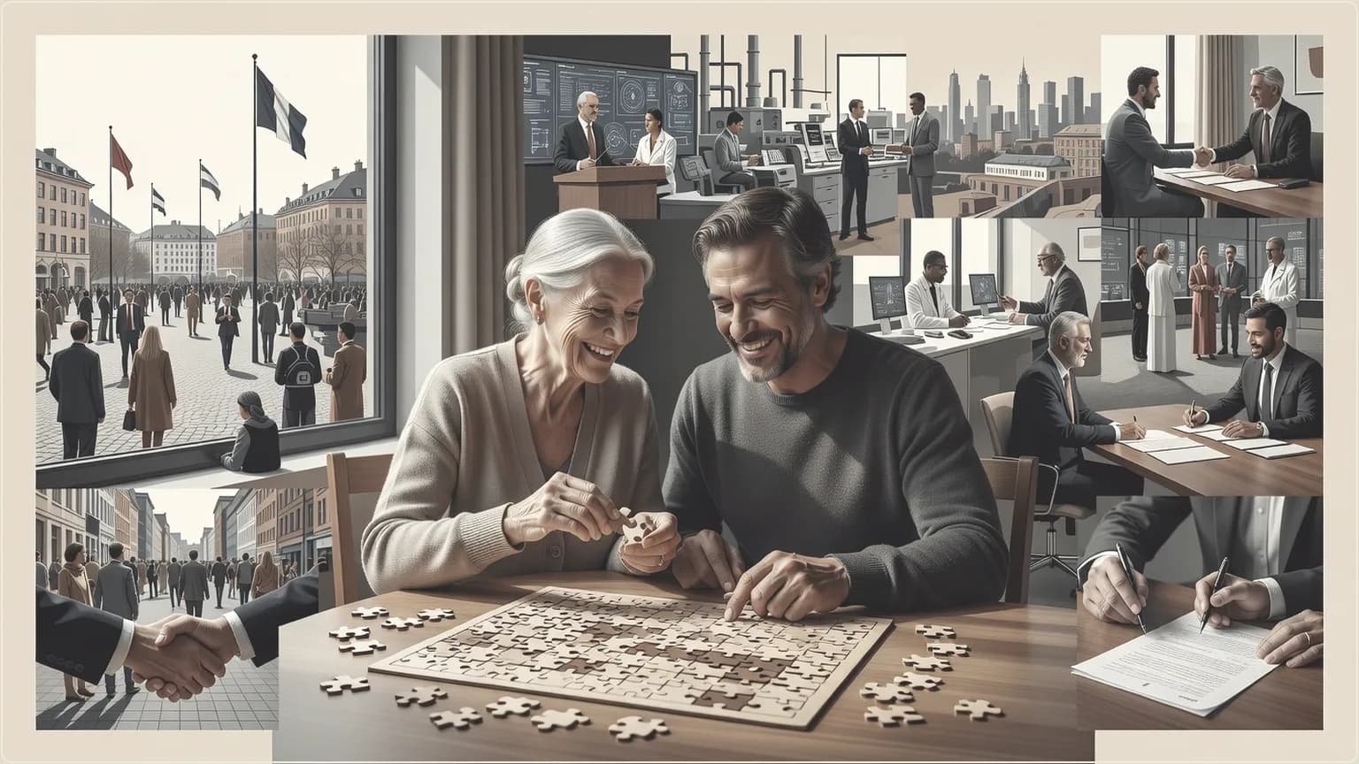 Elderly woman and son laughing together over a jigsaw puzzle at the dining table