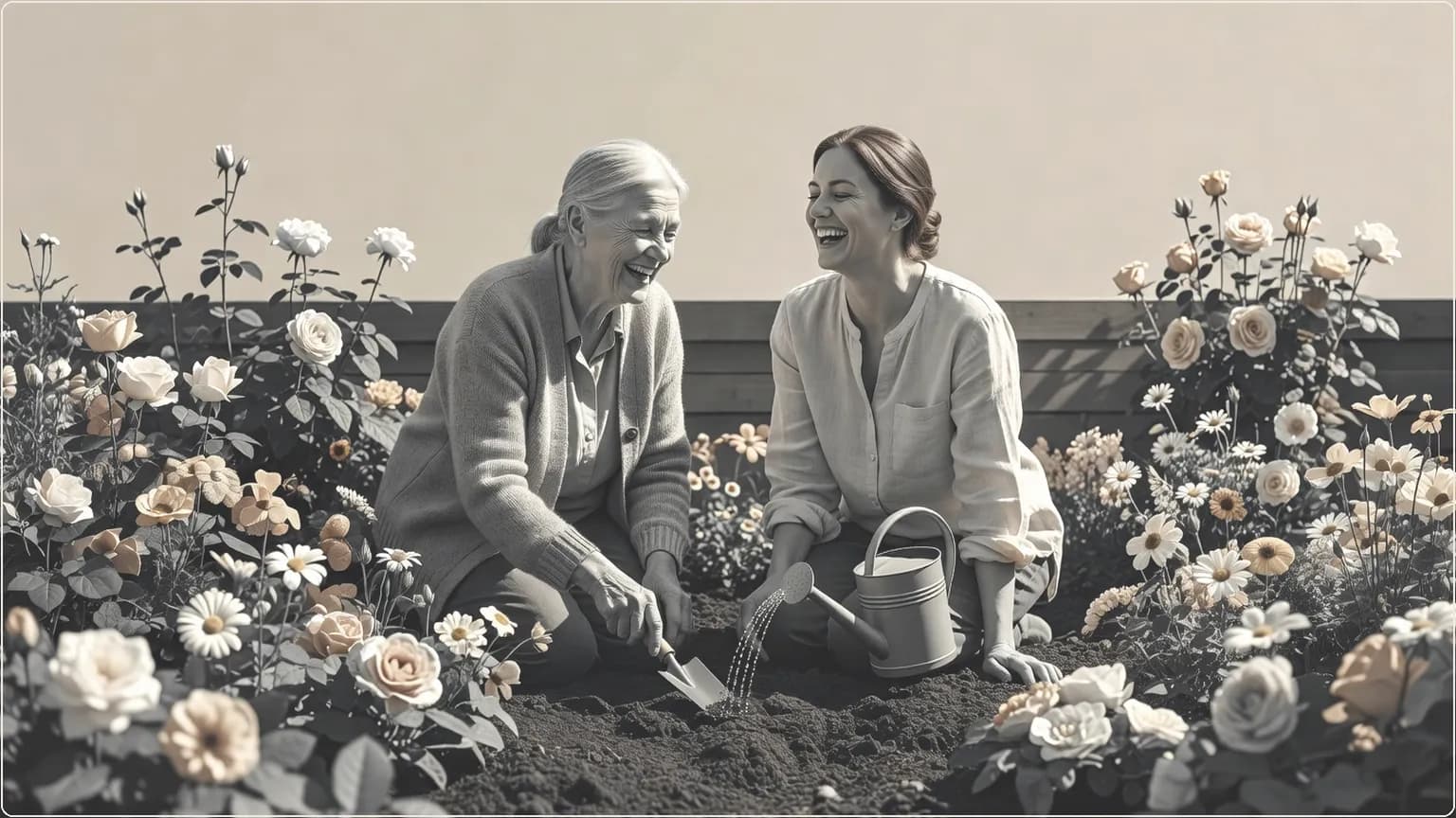 Eldre kvinne og datter deler et gledelig øyeblikk mens de arbeider i hagen i sollys