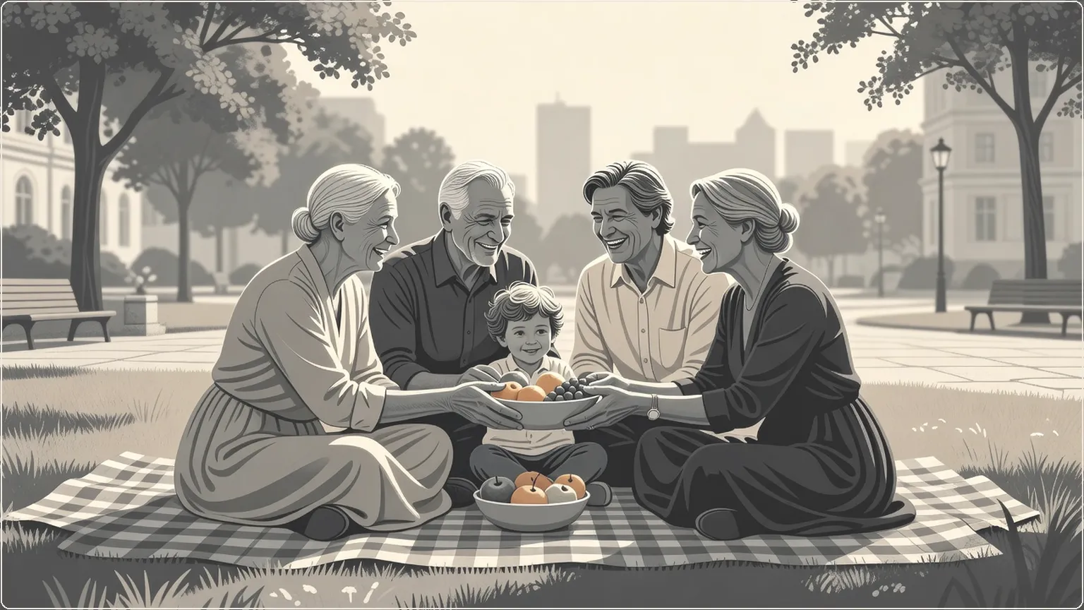 Flergenerationsfamilie nyder en picnic sammen i en park