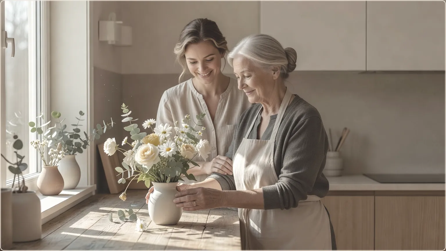 Mor och dotter arrangerar blommor tillsammans i ett ljust kök