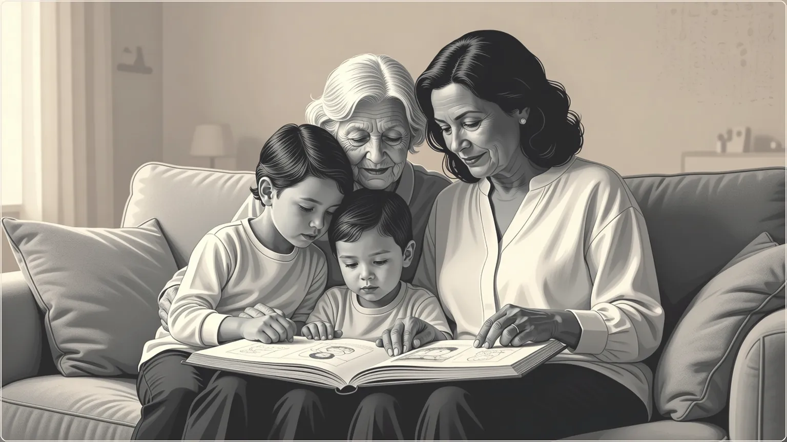 Multi-generational family gathered on a couch looking at a photo album together