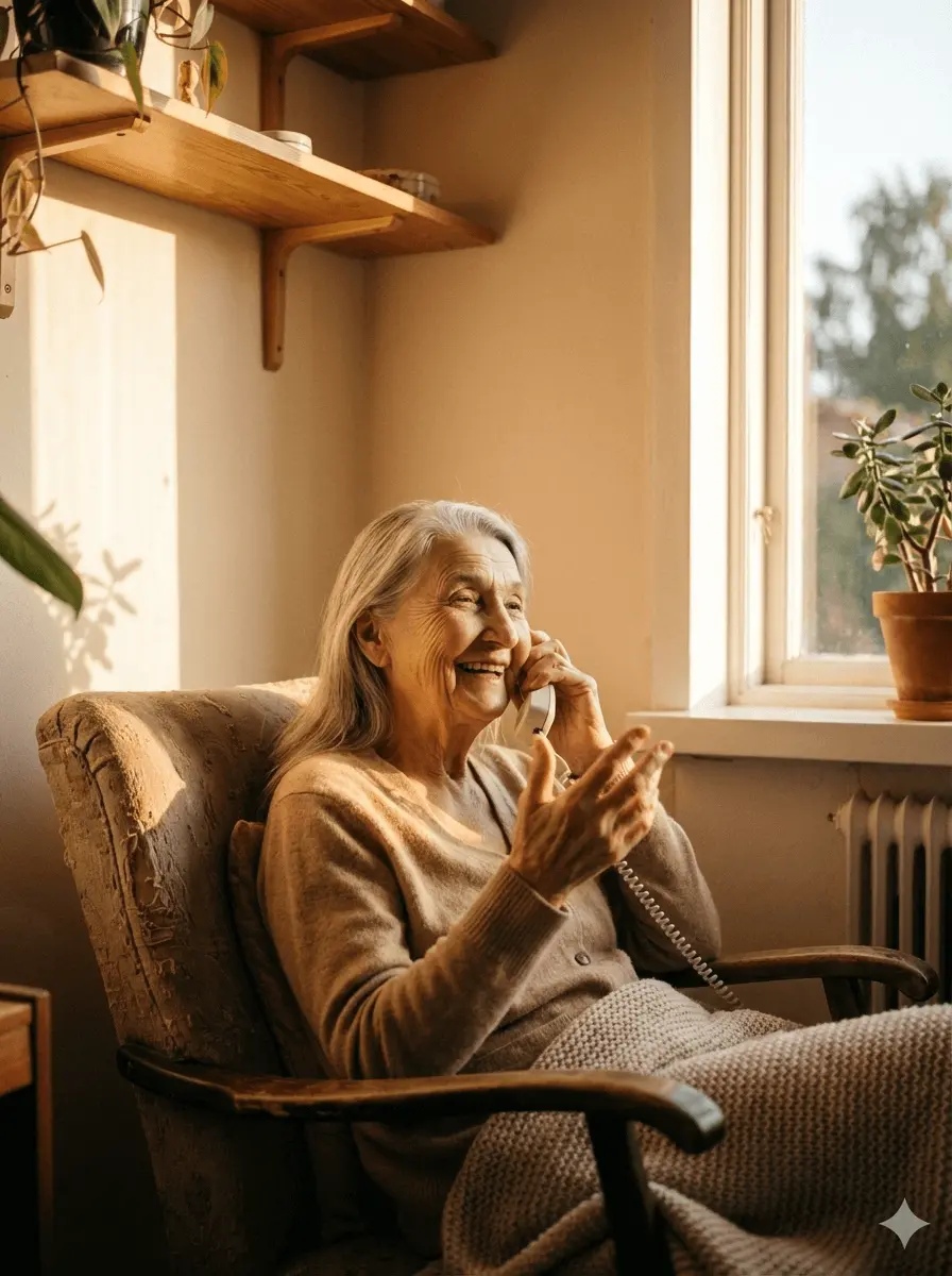 Elderly person on phone smiling