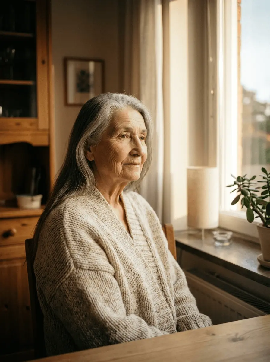 Elderly woman looking out window