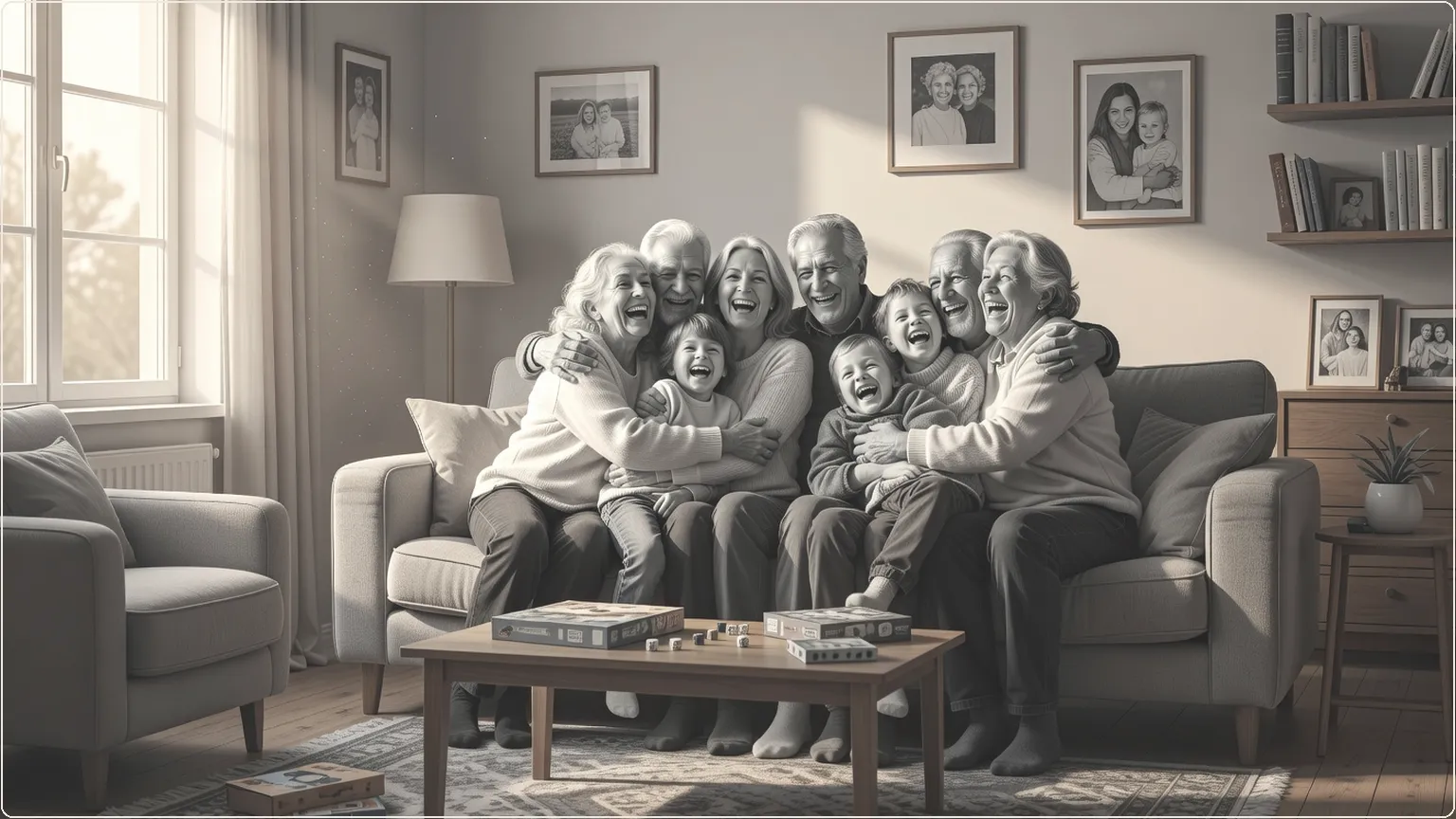 Flergenerasjonsfamilie som klemmer varmt i koselig stue