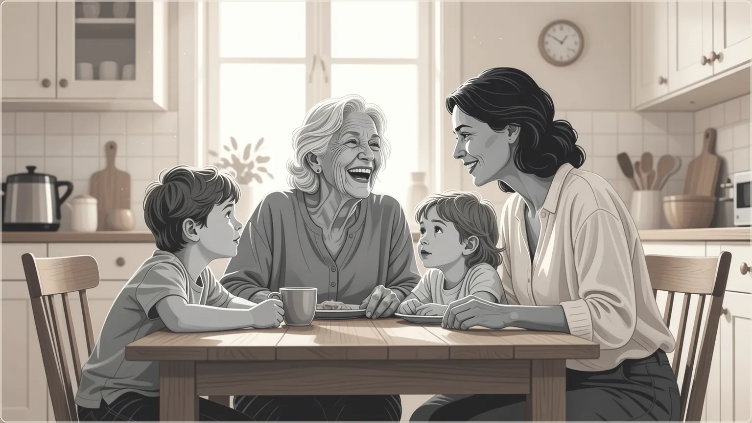 Flergenerasjonsfamilie deler gledelig øyeblikk i koselig kjøkken