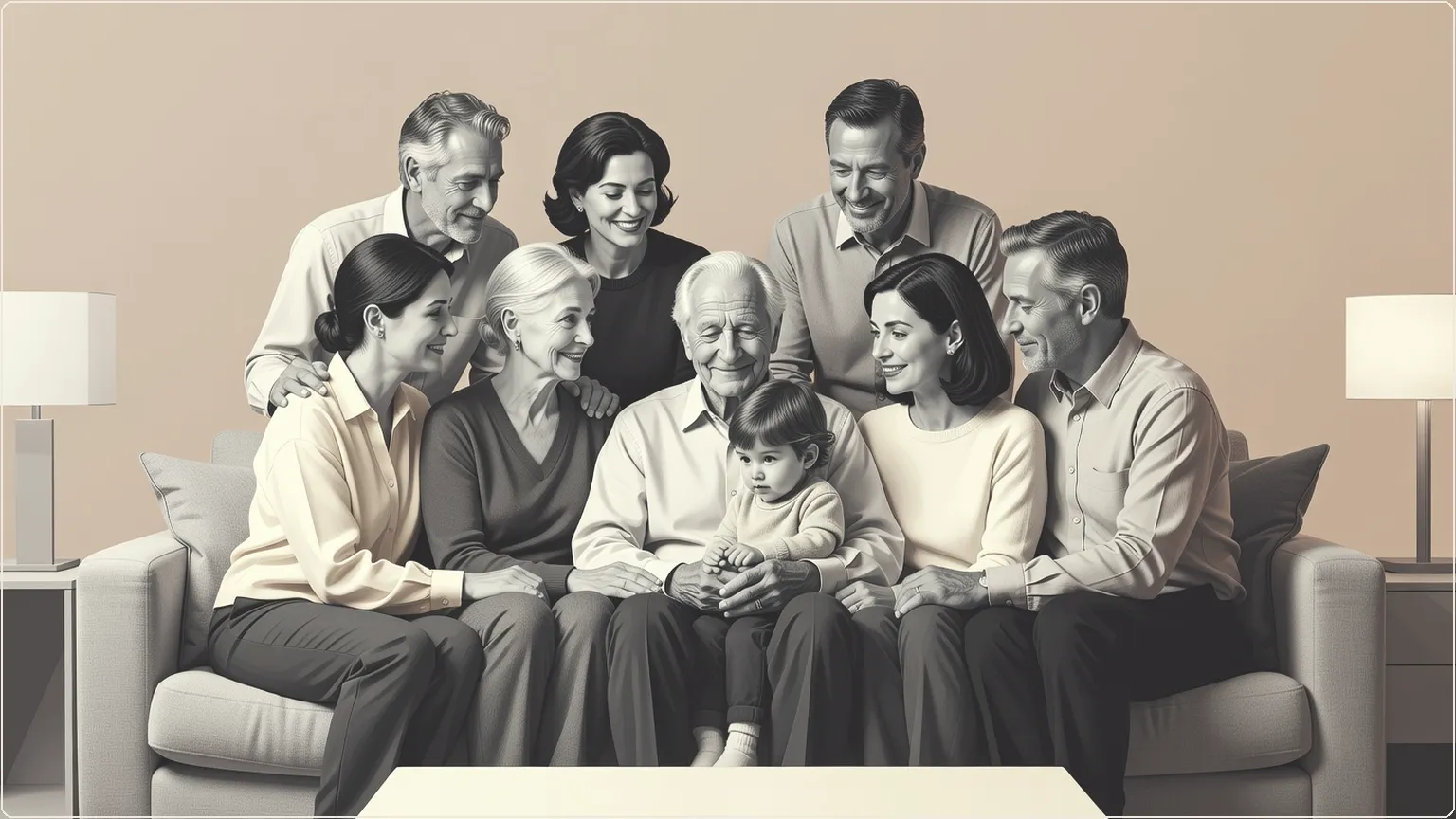 Flergenerationsfamilie deler et ømt øjeblik med ældre bedsteforælder