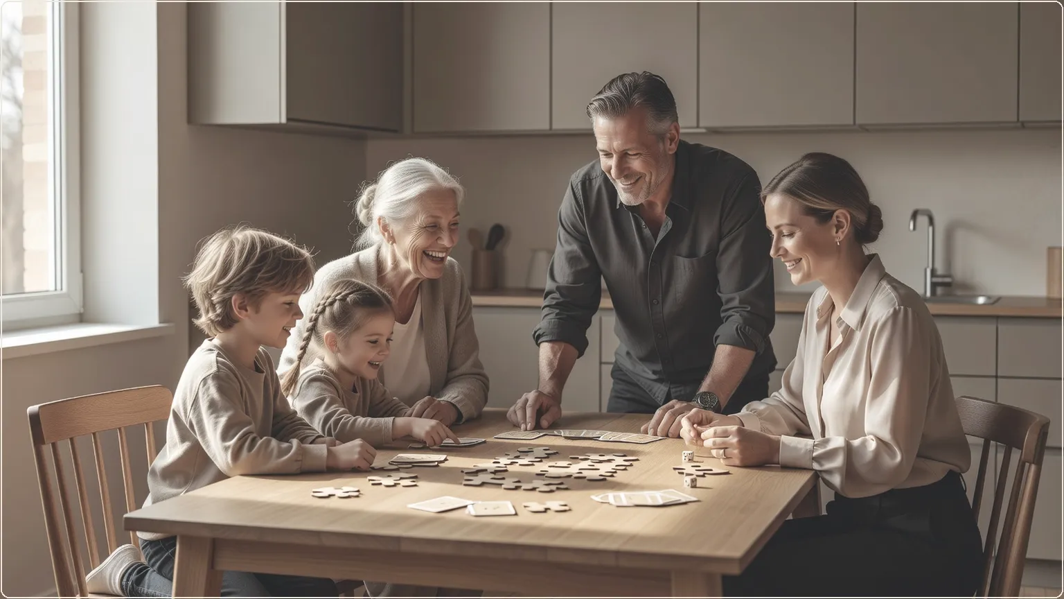 Flergenerationsfamilj som glatt spelar ett kognitivt spel hemma