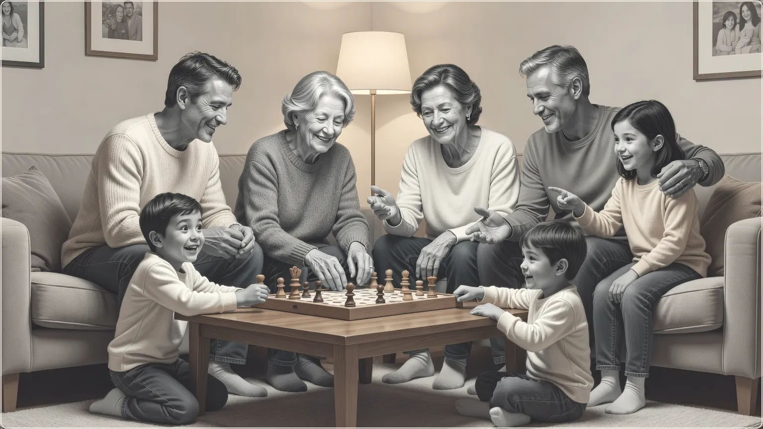 Flergenerationsfamilj som glatt spelar brädspel tillsammans i ett mysigt vardagsrum