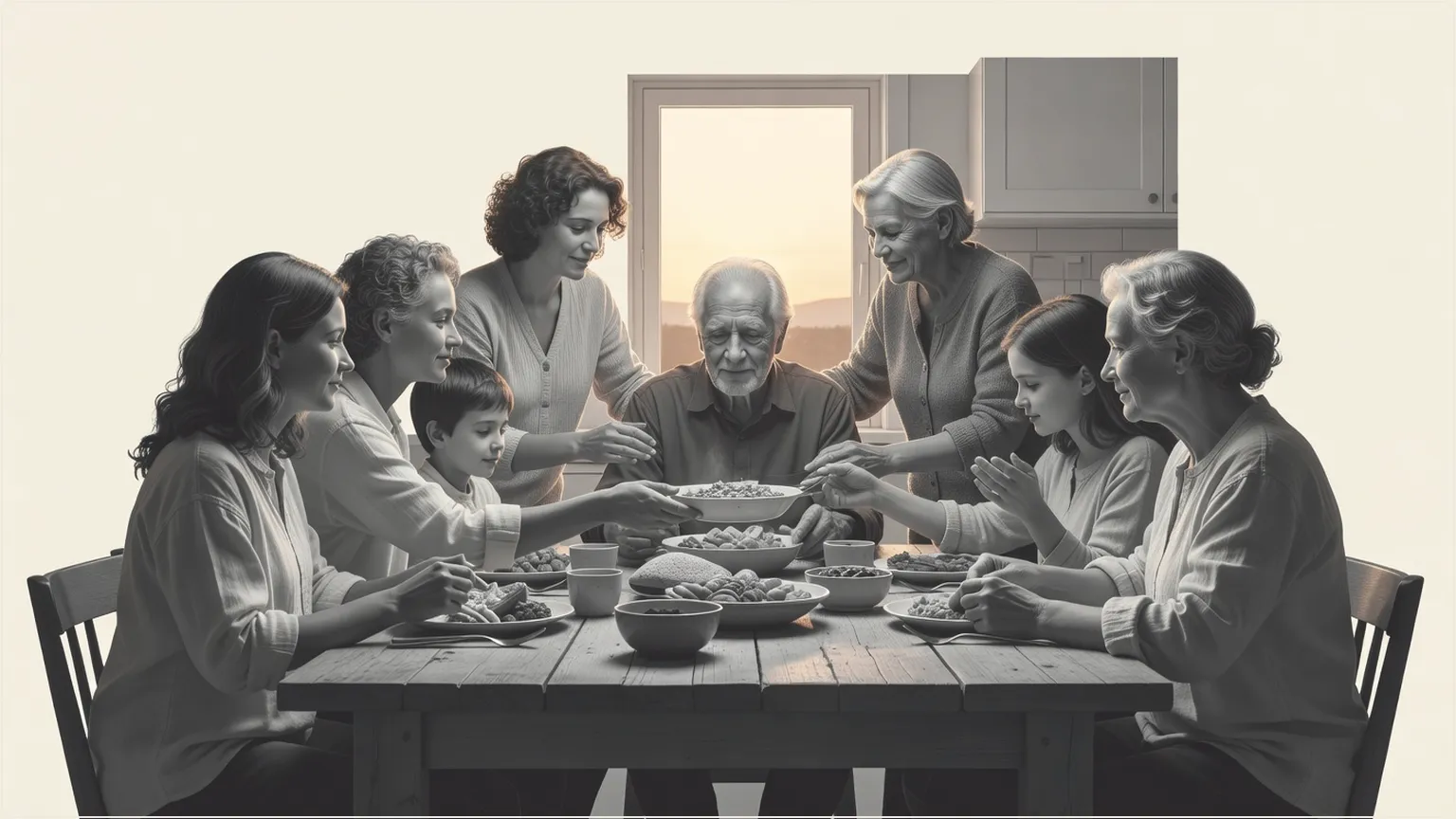 Flergenerationsfamilj som delar en varm måltid vid köksbordet och främjar gemenskap.