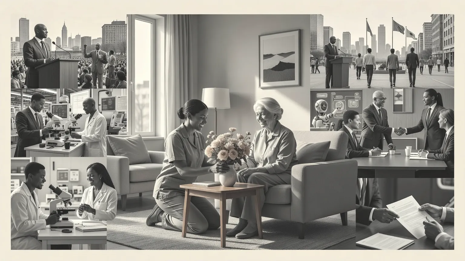 Caregiver assisting a woman with arranging flowers indoors