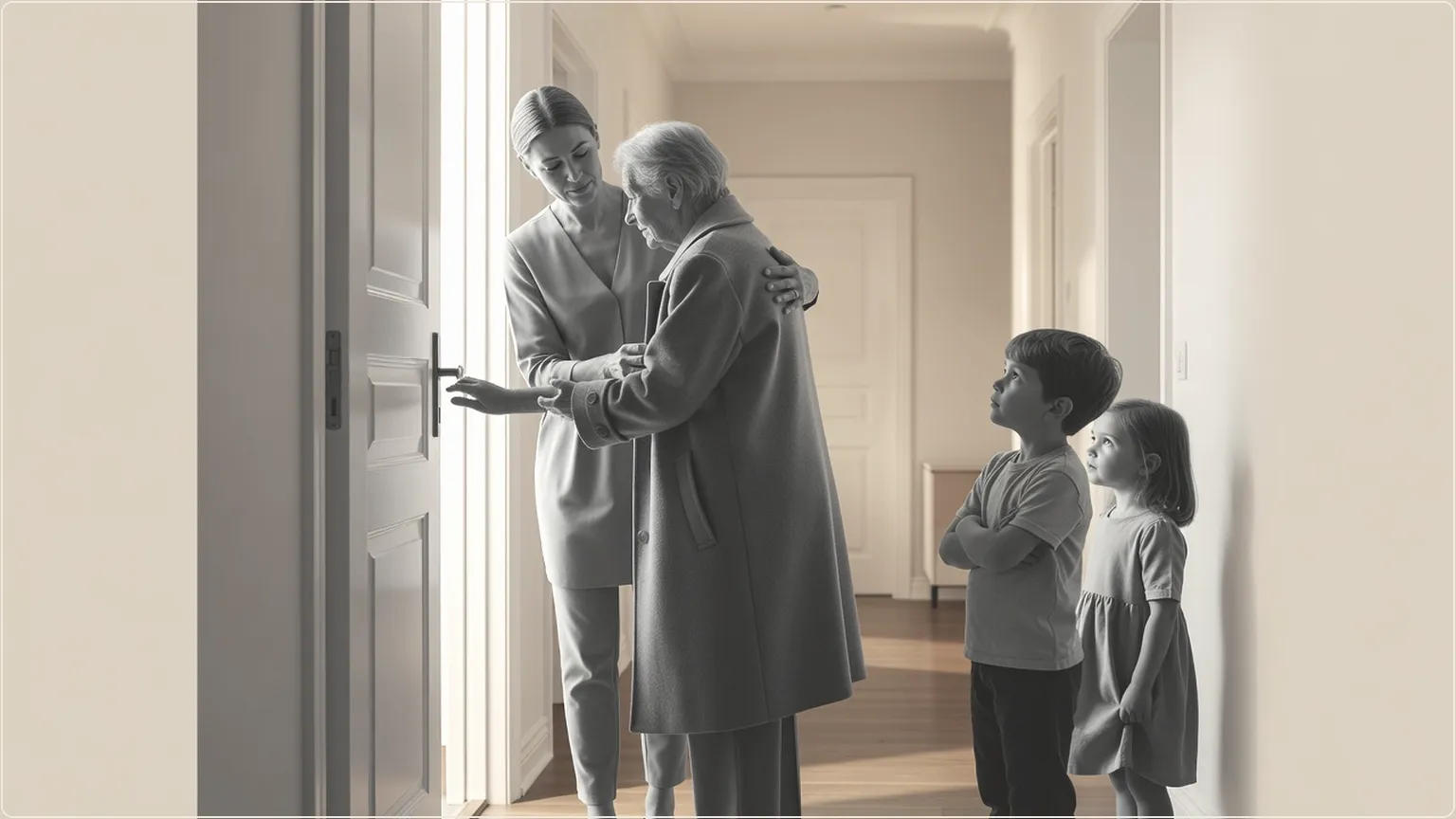 Mother assisting elderly parent with coat as children look on in a bright home entryway