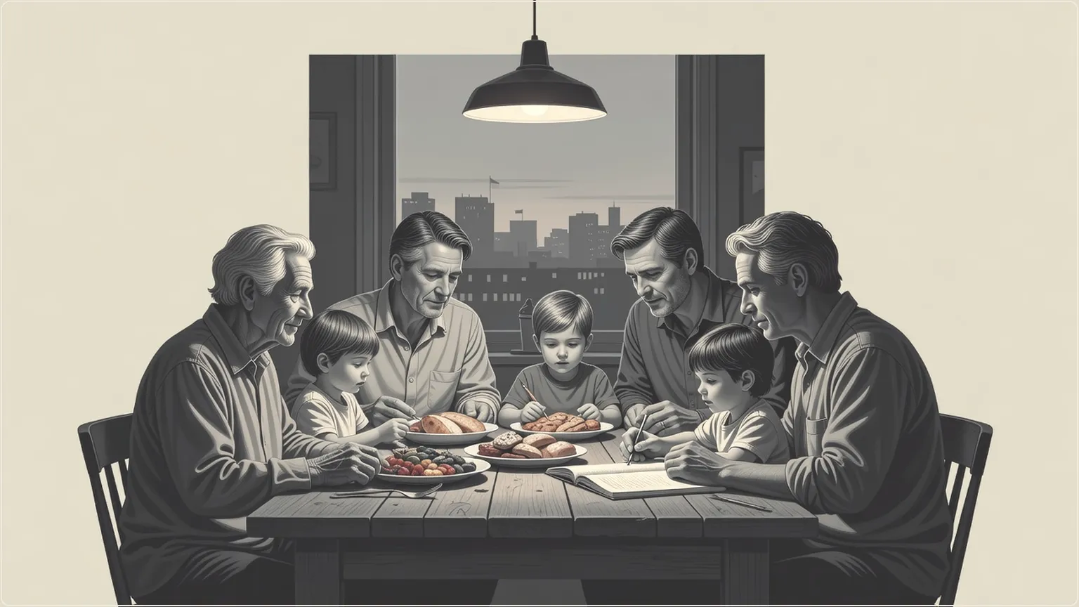 Flergenerationsfamilj som delar en måltid och samtal vid ett köksbord hemma