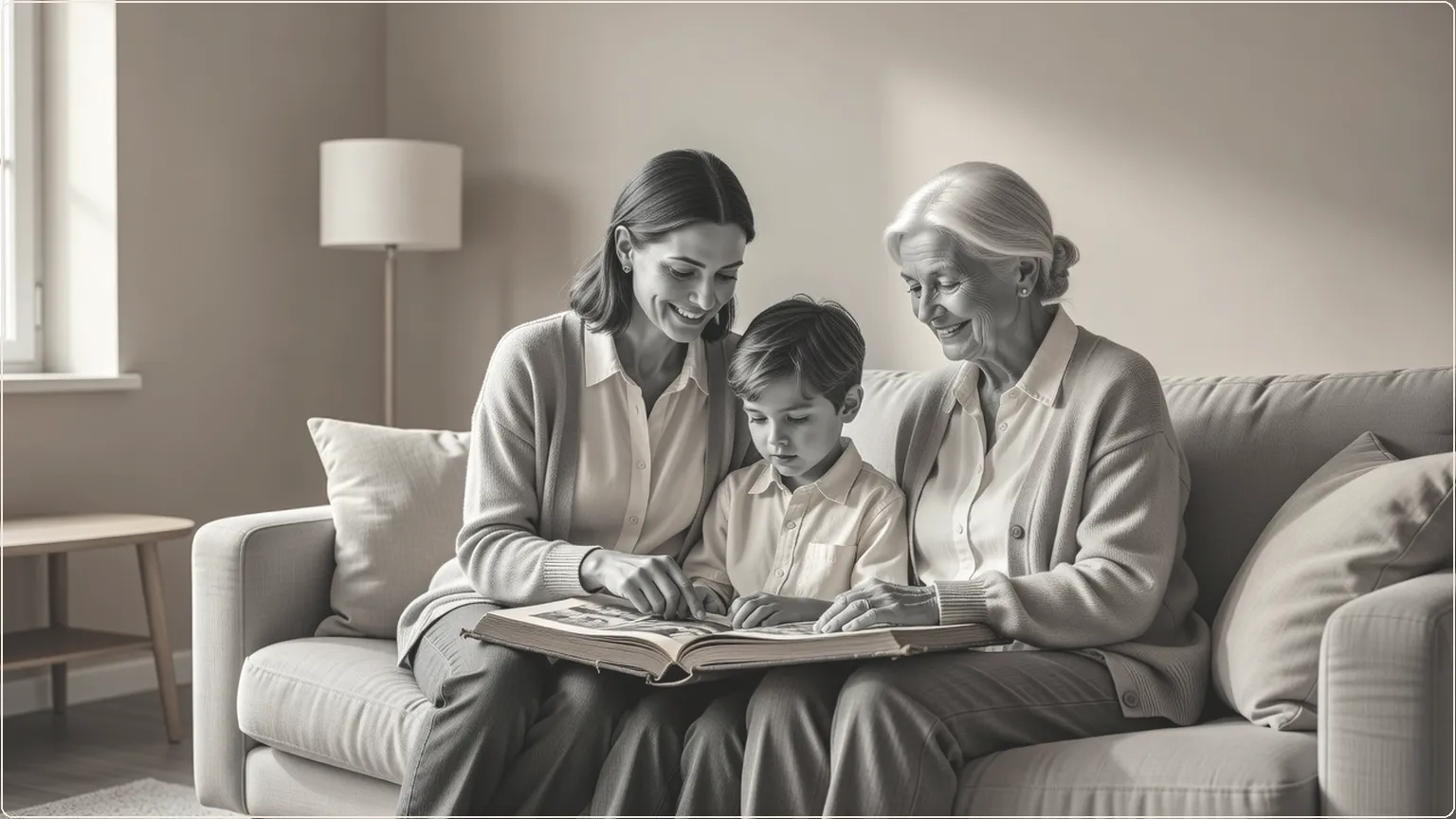 A multi-generational family gathered on a couch looking at a photo album together in a sunlit living room