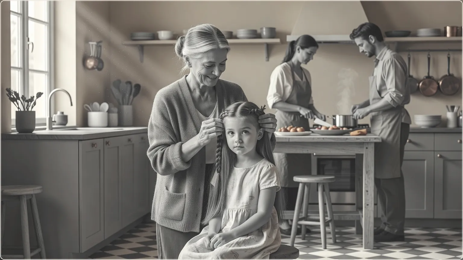 Multi-generational family sharing a quiet moment of care in a home kitchen