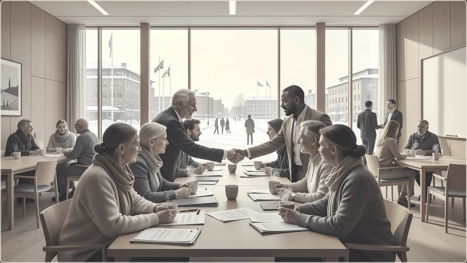 Människor som diskuterar dokument vid ett bord i ett mysigt nordiskt mötesrum