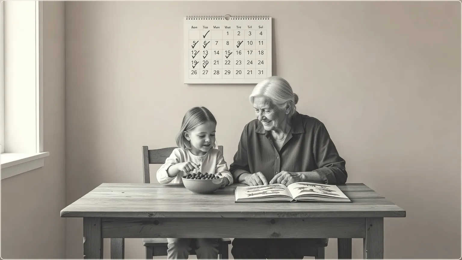 Mormor och barnbarn tittar i en bilderbok och äter bär vid ett solbelyst köksbord med en kalender full av dagliga bockmarkeringar på väggen