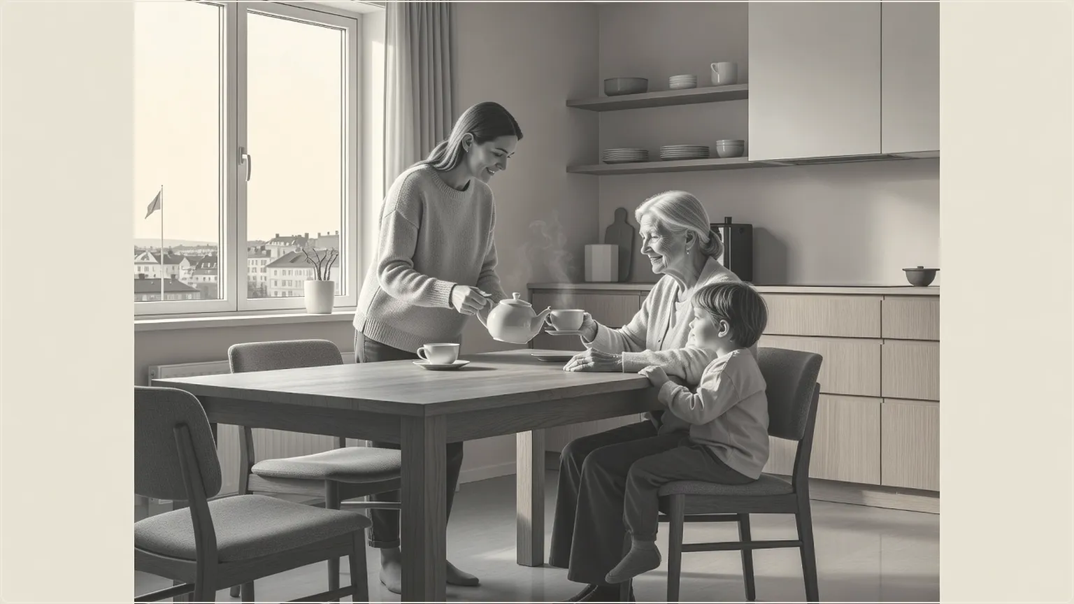 Multigenerational family sharing tea at a kitchen table in a cozy home