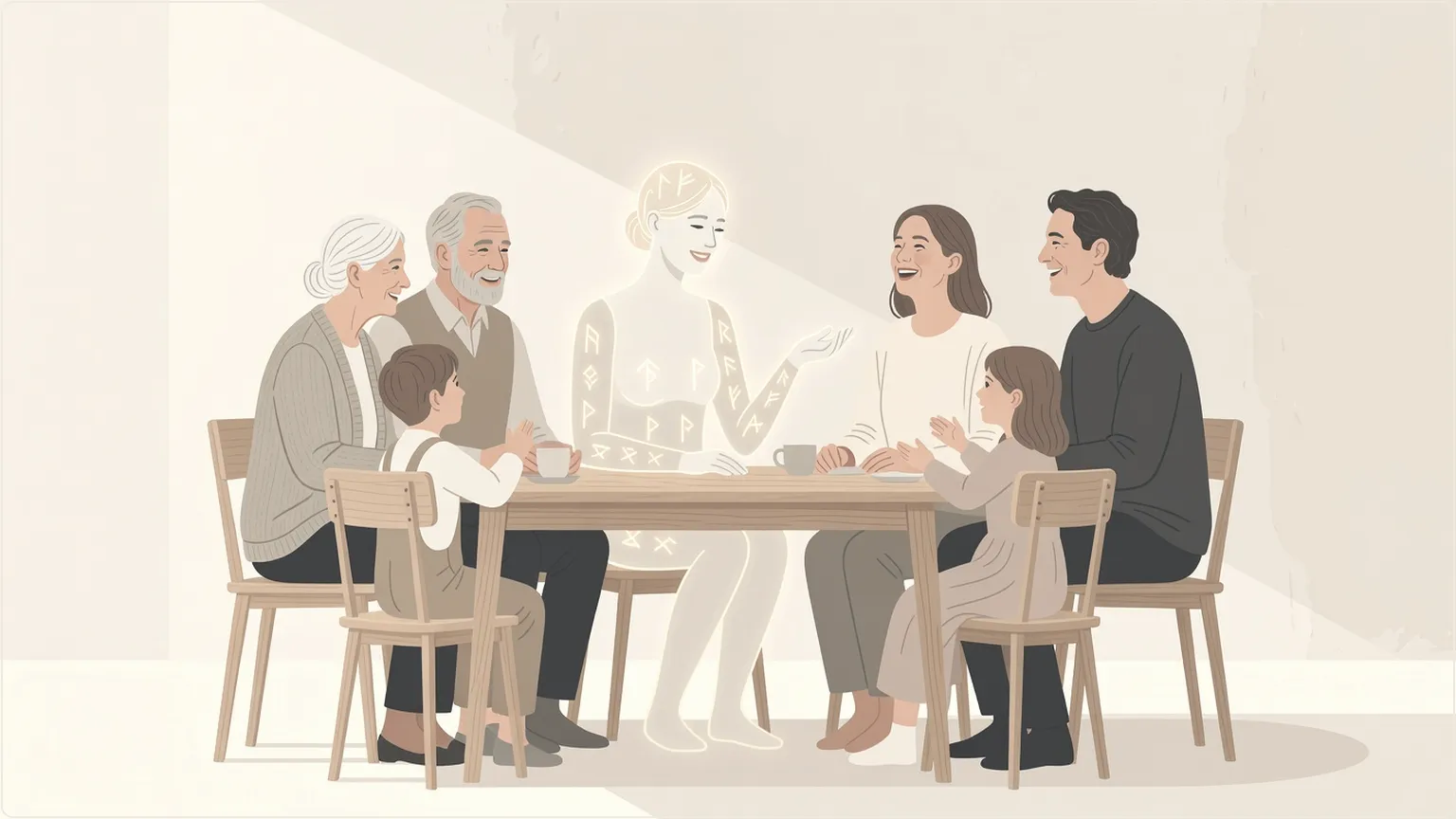 Margit AI i glädjefullt samtal med en nordisk familj över generationer i ett mysigt hem.