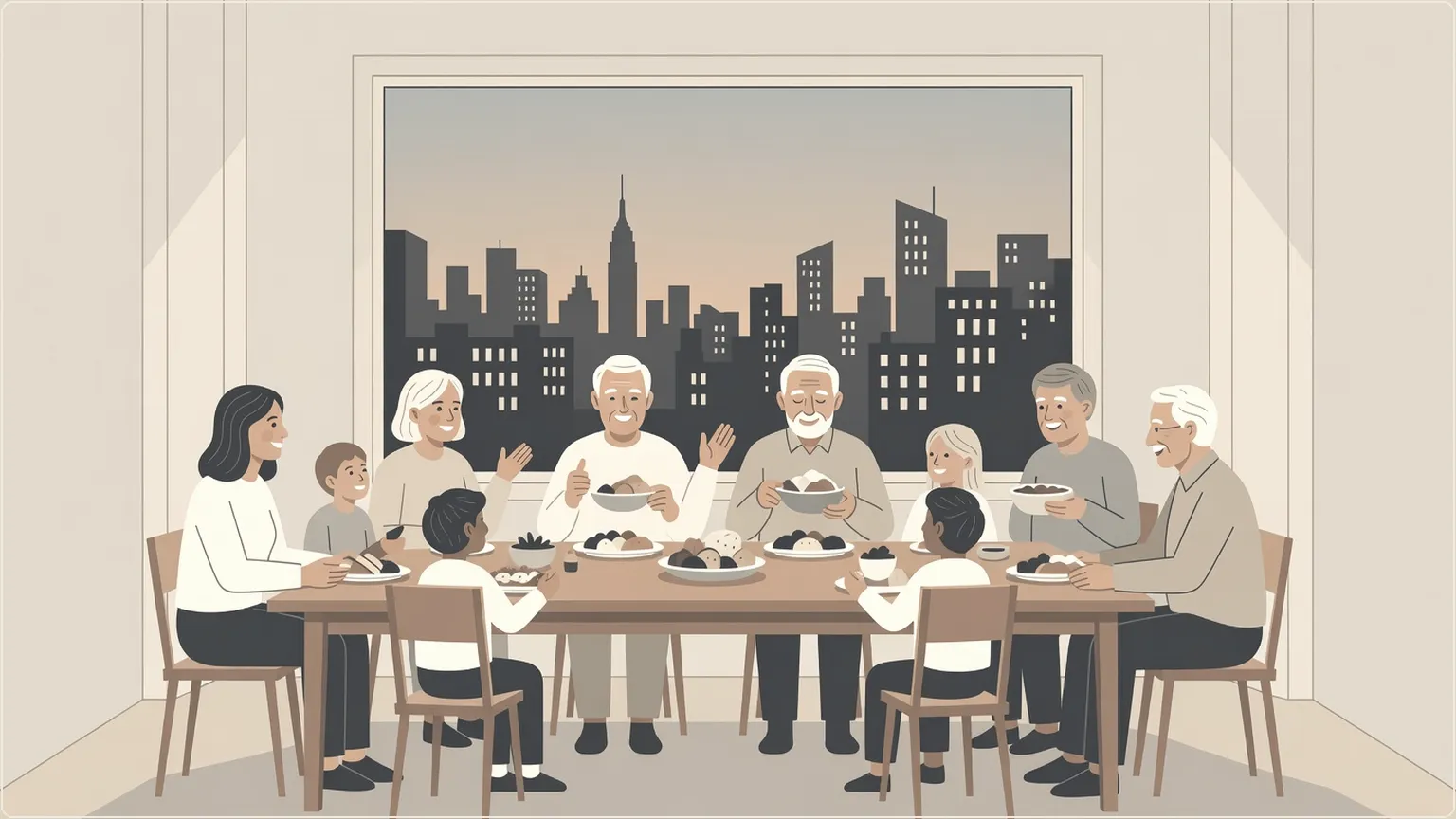 Multigenerationella new yorkare som varmt umgås i ett brownstone med utsikt över stadens skyline