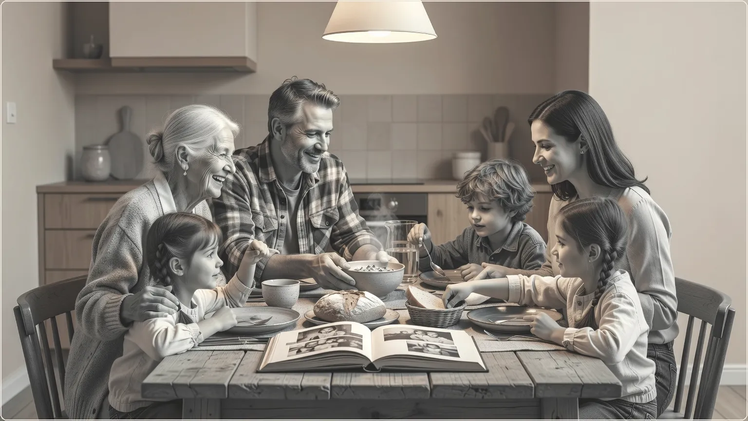 Flergenerationsfamilj som delar en glädjefylld måltid hemma